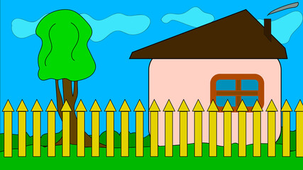 picture. house and tree behind a fence. cartoon.Web