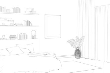 Sketch of the bedroom with a vertical poster between a pouf, a bed with bookshelves above the headboard, and pampas grass in a wicker basket, a window with curtains. 3d render