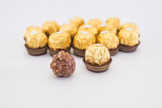 Kiev, Ukraine-December 20, 2020: Ferrero Rocher is a chocolate brand made by Italian manufacturer Ferrero SpA.
