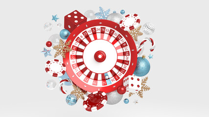 Red And White Roulette Wheel With Chips, Dices  And Abstract Christmas Decorations Isolated On White Background. New Year Casino Concept- 3D Illustration