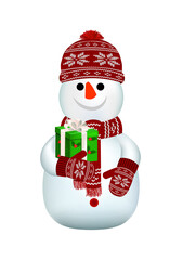 Snowman holding gift. vector illustration