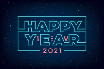 Happy New Year 2021 Neon Sign Future Space Style Hand Crafted Logo Lettering - Turquoise and Red on Blue Night Sky Illusion Background - Mixed Graphic Design