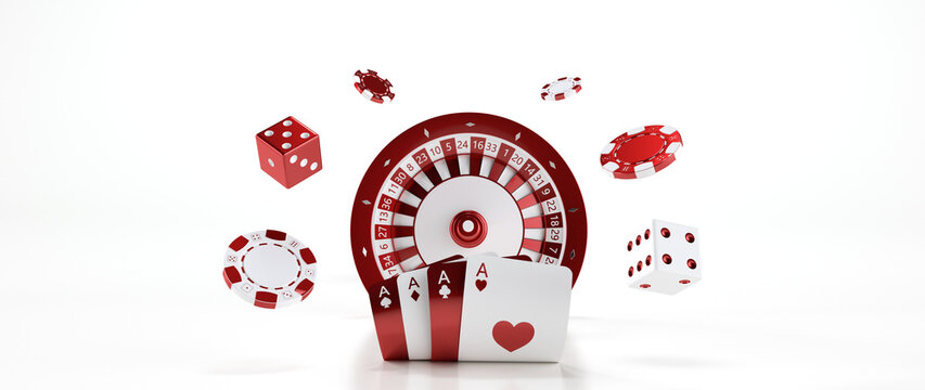 Red And White Christmas - New Year Roulette Wheel With Chips And Dices Isolated On White Background - 3D Illustration