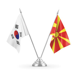 North Macedonia and South Korea table flags isolated on white 3D rendering