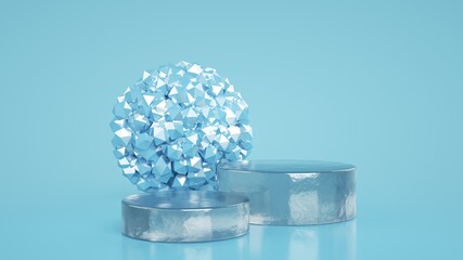 Blue Crystal With Ice Pedestals Isolated On The Blue Background - 3D Illustration