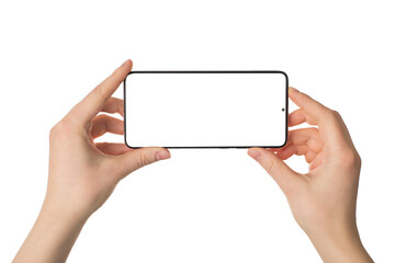 Shooting on smart phone concept. Close up photo pov of female hands holding smart gadget device in...