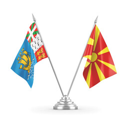 North Macedonia and Saint Pierre and Miquelon table flags isolated on white
