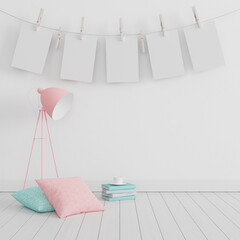 Mock up, Empty white Living room. Blank paper hanging on a string 3d render 3d illustration