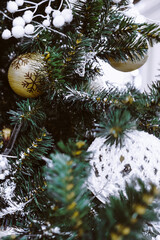 Christmas tree branches decorated with silver festive balls and ornaments. New year 2021 mood