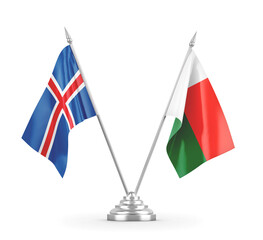 Madagascar and Iceland table flags isolated on white 3D rendering