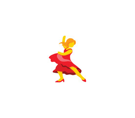 Dancing woman emoji icon. Dancing woman emoticon. Red dressed dancing woman