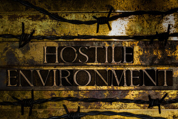 Hostile Environment text between barbed wire on vintage textured grunge copper and gold background