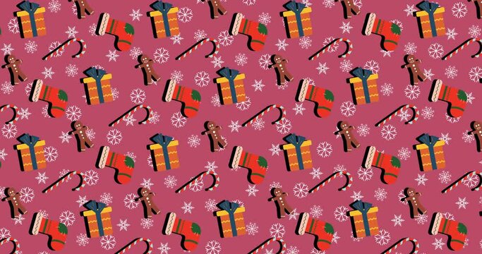 Christmas wallpaper 4k with motion elements. The new year 2021. Christmas motion wallpaper with Christmas symbols like Candy, present box, candyman, and socks.
