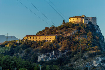 Wohlgemuth Fort at sunset. The Forte Rivoli Veronese is a fortress located in the municipality of Rivoli Veronese in the narrow of the Adige river, on a hill of Mount Castello at 227 m of altitude.