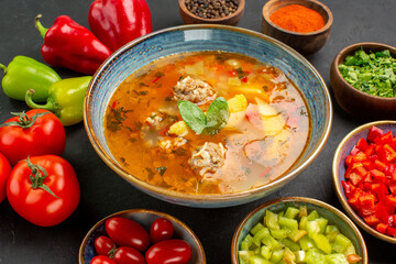 front view tasty meat soup with fresh vegetables on a dark background food photo color dish