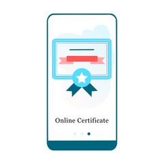 Online certificate, e-certificate, graduation paper mobile app onboarding screen. Menu vector banner template for interface UX, UI GUI screen mobile development. Website design flat illustration. 