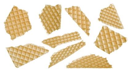 Set wafer, whole and broken crisp waffle bread isolated on white background and texture with...