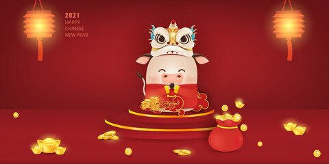 Happy Chinese New year of the Ox. Zodiac symbol of the year 2021. Cute cartoon ox character design greeting for card, flyers, invitation, posters, brochure, banners. Translate: Happy new year.