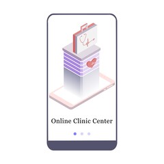 Application design for medical clinic center, hospital, online clinic  location on the map. UI onboarding screen design. 3D isometric onboard mobile app template page. Modern flat vector illustration