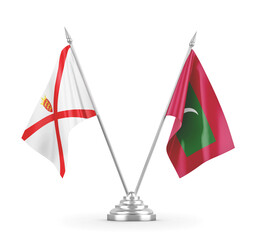 Maldives and Jersey table flags isolated on white 3D rendering