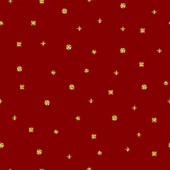 Seamless New Year brilliant glitter pattern. Gold shiny Sparkles stars on a red background. Trendy Christmas Vector snow illustration for holidays, wallpaper, birthday posters, Xmas wrapping paper