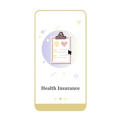 Application design for health insurance, medical report, prescription, claim, medical check. UI onboarding screen design. 3D isometric onboard mobile app template page. Modern flat vector illustration