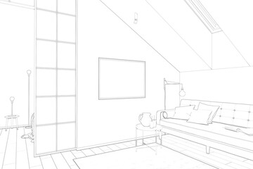 Sketch of the attic with a horizontal poster on a white wall between a sofa with a coffee table and a partition. There are a roof window and a carpet on the tiled floor in the room. 3d render