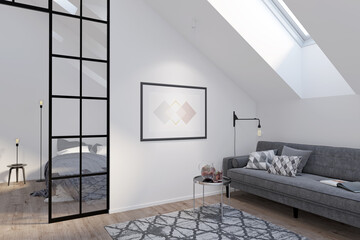 Modern attic with a horizontal poster on a white wall between a gray sofa with a coffee table and a glass partition. There are a roof window and a carpet on the wooden floor in the room. 3d render