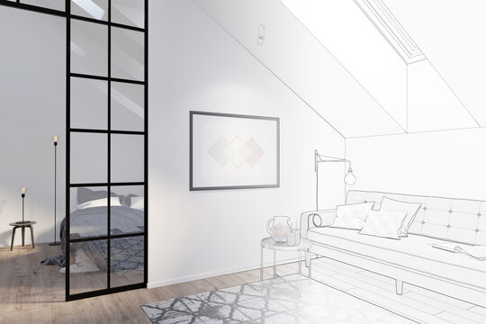 The sketch becomes a real attic with a horizontal poster on a wall between a sofa with a coffee table and a glass partition. There are a roof window and a carpet on the floor in the room. 3d render