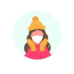 Girl in winter in a red sweater, a medical mask and a knitted hat. Snowfall. Individual protection measures against coronavirus. Icon. Vector illustration in flat style