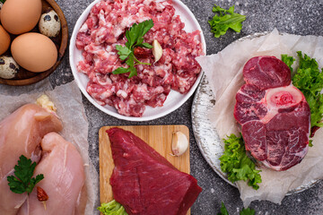 Various raw meat, sources of animal protein