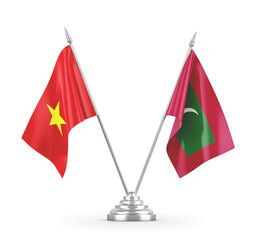 Maldives and Vietnam table flags isolated on white 3D rendering