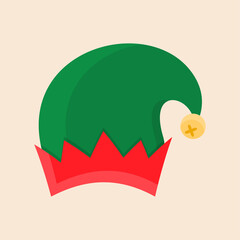 Christmas elf hat. Vector illustration isolated on beige background.