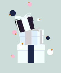 Template with decorative festive objects.
Gray background design with festive boxes stacked on top of each other and falling Christmas tree decorations.
Merry Christmas and Happy New Year.