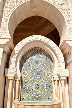 Moroccan tile work at Mosque Hasan II in Casablanca, Morocco. It is the largest mosque in Africa, and the 3rd largest in the world. Its minaret is the world's second tallest minaret at 210 meters.