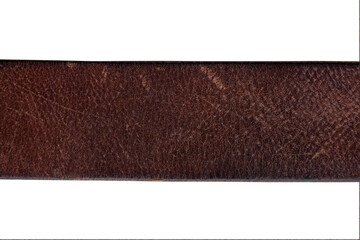 Piece of brown leather. Leather belt close up on white background.