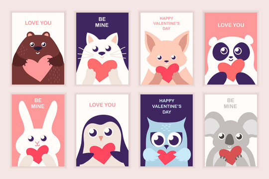Set of cute cards for Valentine's Day. Cartoon animals. Vector illustration. EPS 10.