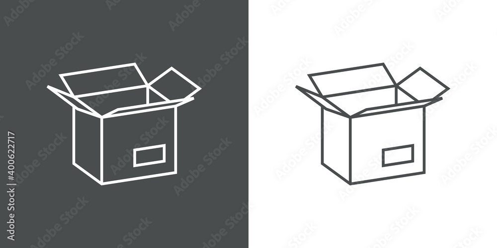 Poster icono caja de cartón abierta con lineas en fondo gris y fondo blanco