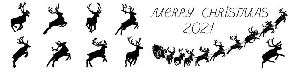 Santa Claus sleigh with reindeer. Santa delivering gifts and presents. Vector Illustration