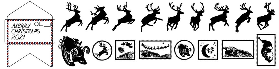 Santa Claus sleigh with reindeer. Santa delivering gifts and presents. Christmas postal stamps. Vector Illustration