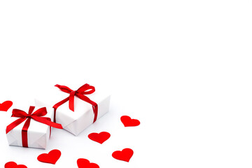 Background with gifts and red hearts with free space for text on white background. Valentines day concept. Mother's Day concept.