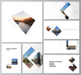 Vector layouts of modern social network mockups in popular formats with geometric simple shapes, lines and photo place for cover design, website design, website backgrounds or advertising mockups.