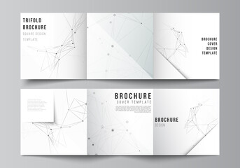 Vector layout of square covers templates for trifold brochure, flyer, cover design, book design, brochure cover. Gray technology background with connecting lines and dots. Network concept