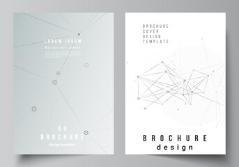 Vector layout of A4 cover mockups templates for brochure, flyer layout, booklet, cover design, book design, brochure cover. Gray technology background with connecting lines and dots. Network concept.
