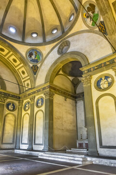 Interior of Florence Pazzi Chapel (Cappella dei Pazzi). Chapel located in "first cloister" on southern flank of Holy Cross Basilica (Basilica di Santa Croce, 1385). FLORENCE, ITALY. January 11, 2018.