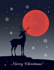 Merry Christmas card with black deer silhouette, red moon and snowflakes