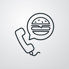 Concepto reparto de comida a domicilio. Icono auricular de teléfono con hamburguesa en burbuja de habla con lineas en fondo gris
