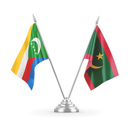 Mauritania and Comoros table flags isolated on white 3D rendering