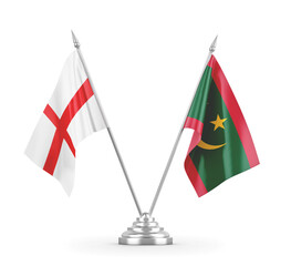 Mauritania and England table flags isolated on white 3D rendering