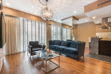 Luxury studio apartment. Open Kitchen and living room space. Dark blue sofa, grey armchair and a coffee table of glass